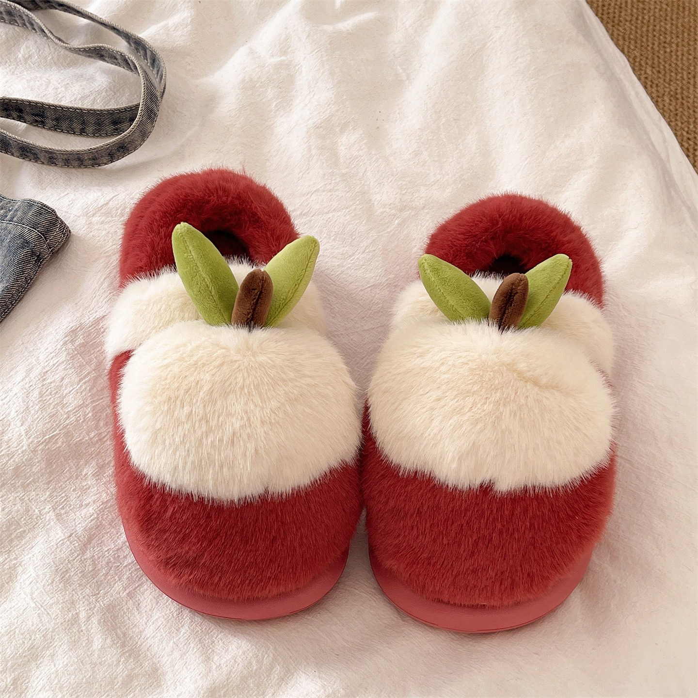 毛绒棉拖鞋女冬季可爱苹果加绒保暖居家室内包跟厚底防滑月子棉鞋,淘宝优惠券,粉丝福利购,淘宝优惠卷