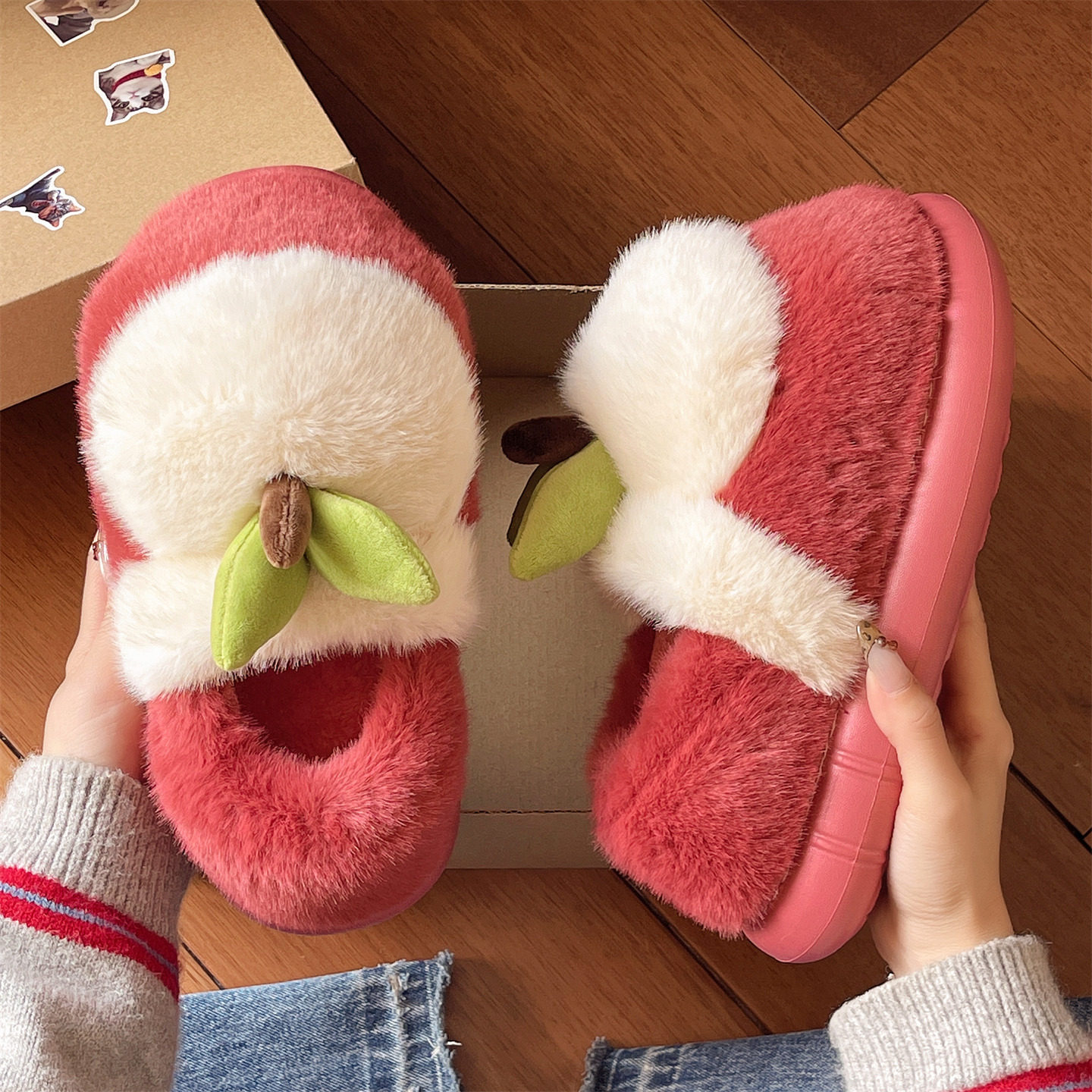毛绒棉拖鞋女冬季可爱苹果加绒保暖居家室内包跟厚底防滑月子棉鞋,淘宝优惠券,粉丝福利购,淘宝优惠卷