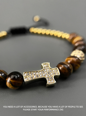 虎眼石金色满钻十字架手链
