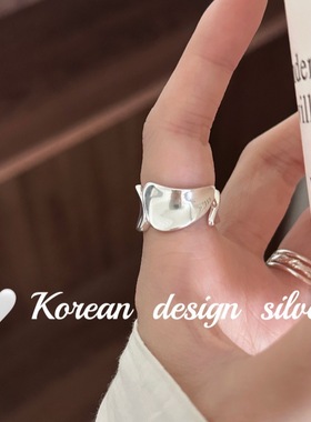 韩版简约风小众设计感银饰 S925纯银宽版光面水滴拼接戒指高级感
