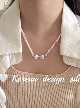 韩系小众设计ins风锁骨链 S925纯银施华洛珍珠蝴蝶结元宝扣项链女
