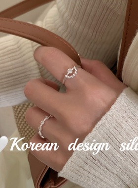 韩国轻奢小众设计银饰 S925纯银精致半圆镂空圆珠拼接锆石戒指ins