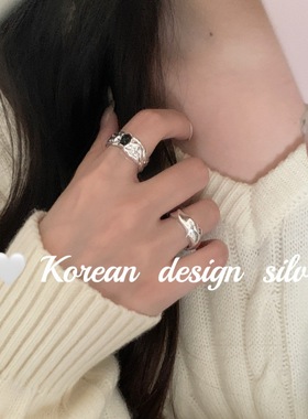 韩国时尚ins风银饰 S925纯银肌理感椭圆黑玛瑙戒指小众设计高级感