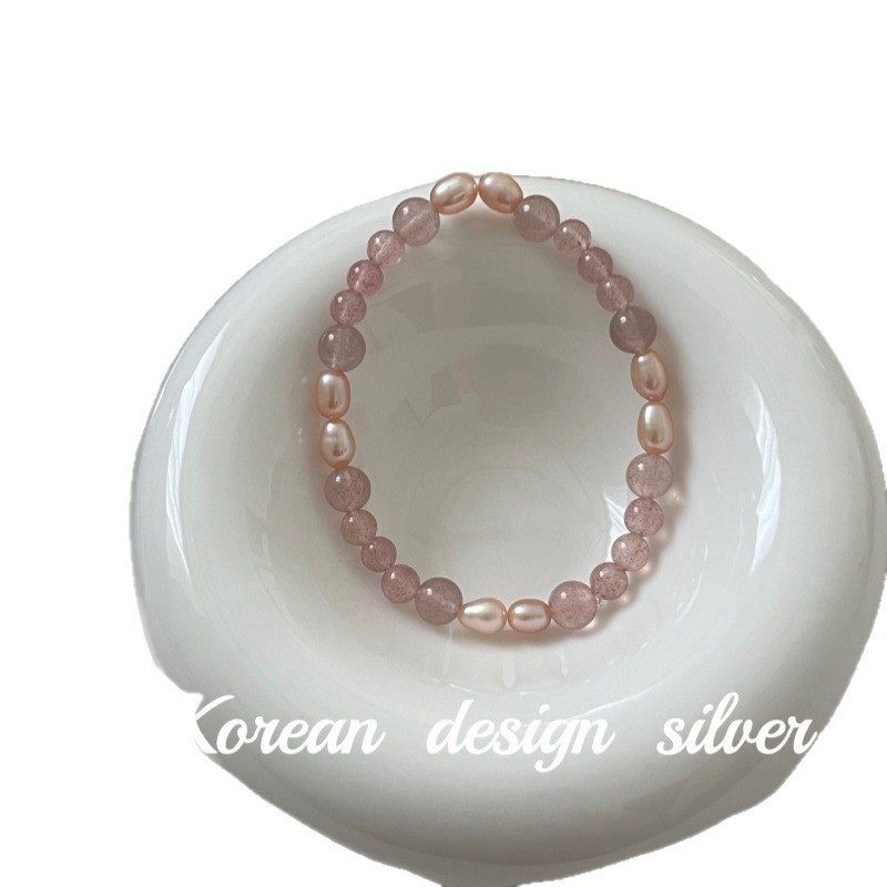 韩国东大门2025新款手饰品S925纯银草莓晶珍珠弹力绳手链小众设计,淘宝优惠券,粉丝福利购,淘宝优惠卷