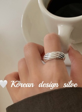 韩国秋冬小众ins银饰品 S925纯银简约宽版螺纹素圈麻花戒指高级女