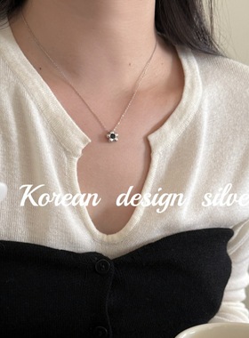 韩版复古小众设计饰品 S925纯银 泰银做旧黑锆石花花项链高级个性