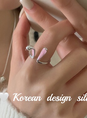 韩系小众设计感银饰 S925纯银可爱粉滴釉兔耳朵开口戒指叠戴ins风