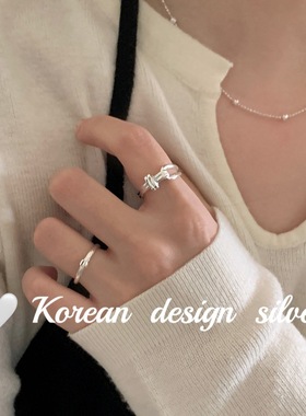 韩版秋冬新款ins风银饰 S925纯银简约椭圆镂空相扣双层戒指小众女