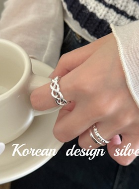 韩版东大门ins风饰品 S925纯银简约麻花辫编织戒指小众设计高级女