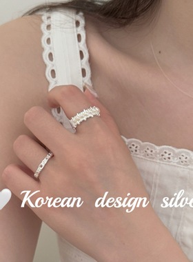 韩版轻奢ins风设计饰品 S925纯银竖条纹不规则拼接珍珠戒指小众女