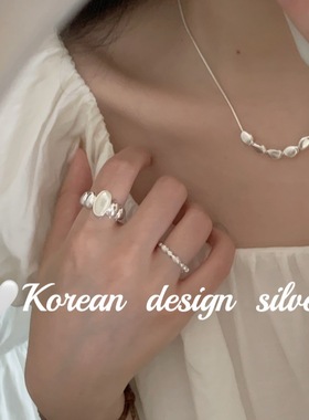 韩国ins博主同款饰品 925纯银椭圆白贝母拼接戒指叠戴高级感气质