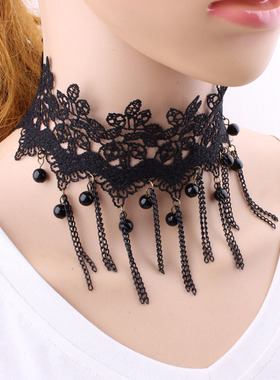 蕾丝黑色流苏镂空红宝石锁骨链