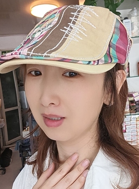 新款帽子男士贝雷帽棉质欧美鸭舌帽拼接缝线格子前进帽韩版潮帽