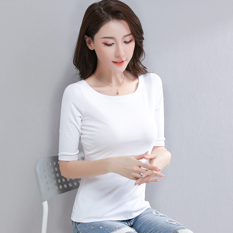 半圆领中袖t恤黑色短款修身打底衫 朝五吩T恤