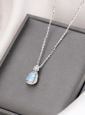 银瑞祥新中式S925纯银海蓝宝石葫芦项链女轻奢高级感锆石锁骨链女