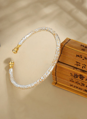 古法描金樱花葫芦手镯女开口抖音直播爆款宫廷风珐琅纹理镀银手环