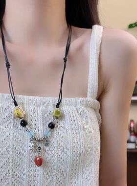新中式手工陶瓷串珠花朵编绳招财项链女小众长款流苏锁骨链毛衣链