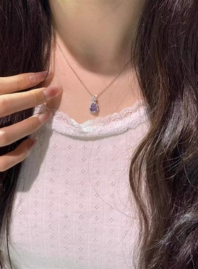 925纯银冰透玉葫芦项链新中式海蓝宝紫水晶迷你吊坠清冷感锁骨链