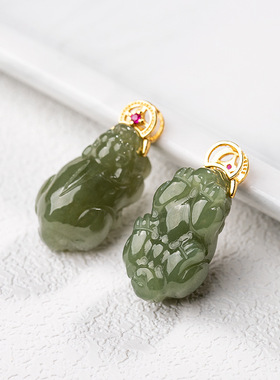 925银镶嵌 天然和田玉青白玉葫芦如意佛公貔貅无事牌吊坠项链挂坠