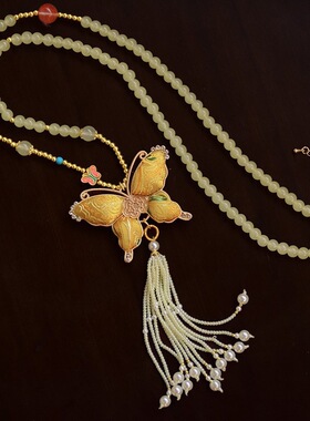 非遗仿宋锦蝴蝶葫芦流苏项链女新中式串珠长款毛衣链国风配饰品