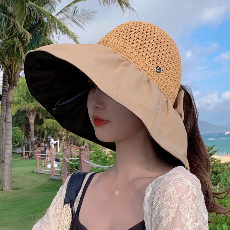 遮阳帽子女夏防紫外线遮脸防晒帽空顶大檐可折叠扎马尾沙滩太阳帽