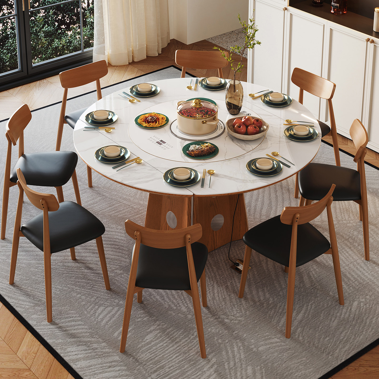 暖菜板岩板餐桌带电磁炉暖菜一体可变圆桌伸缩小户型折叠圆形饭桌,淘宝优惠券,粉丝福利购,淘宝优惠卷