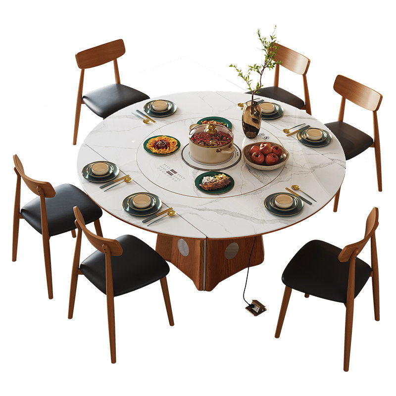 暖菜板岩板餐桌带电磁炉暖菜一体可变圆桌伸缩小户型折叠圆形饭桌,淘宝优惠券,粉丝福利购,淘宝优惠卷