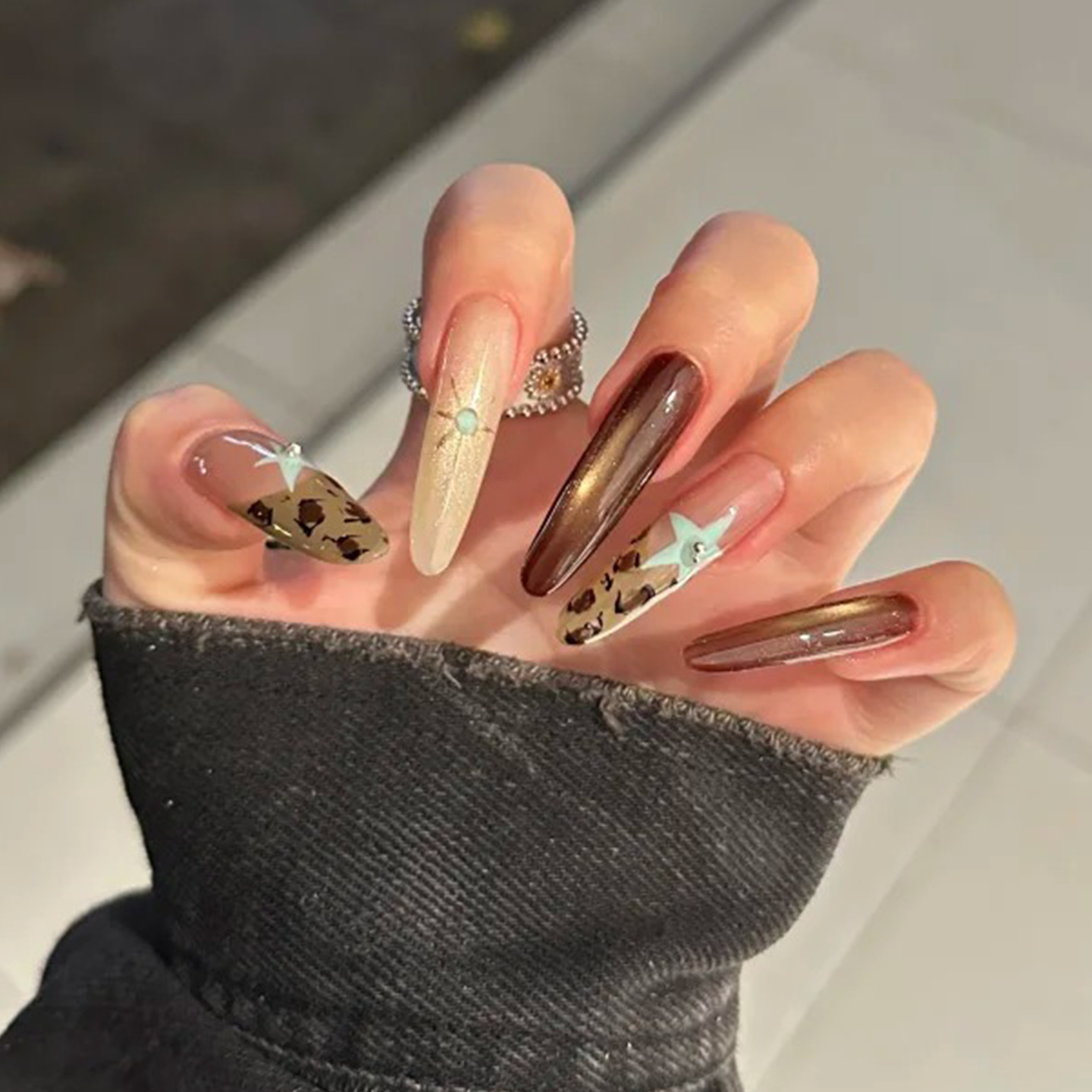 纯手工穿戴甲秋冬豹纹星星法式猫眼 长美甲贴片可拆卸假指甲 - 图0