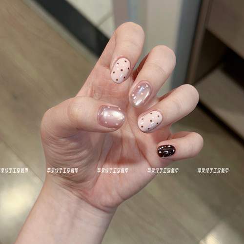 手工穿戴甲春日粉色波点星星猫眼短款温柔高级感显白纯欲美甲贴片 - 图3