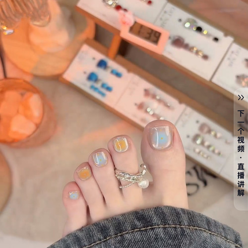 【海盐芝士小饼干】蓝黄搭配鸳鸯甲波点猫眼纯手工穿戴甲美甲贴片 - 图1