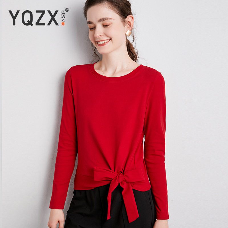 车厘子红长袖t恤女纯棉秋装打底衫 亿琪之秀T恤