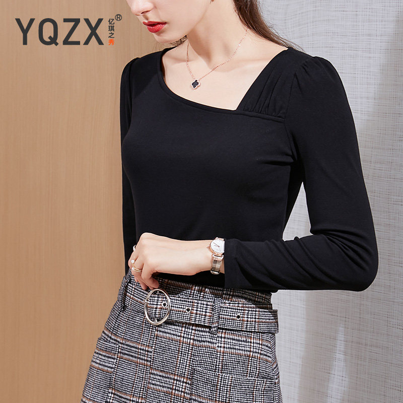 复古法式斜领长袖t恤秋季打底衫 亿琪之秀T恤