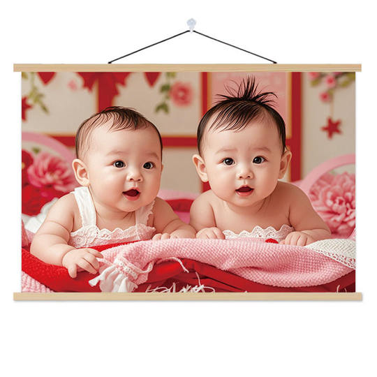 Lindo póster de bebé de gemelos y bebé durante el embarazo colgando pintura
