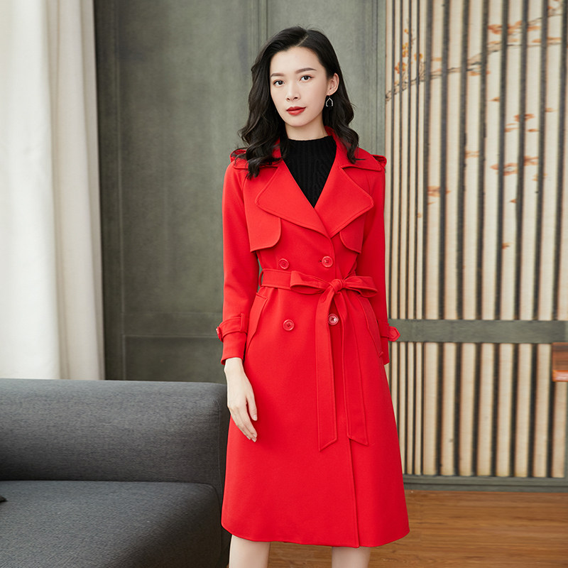 红色女中长款秋装2020年新款风衣 智蓝时尚风衣