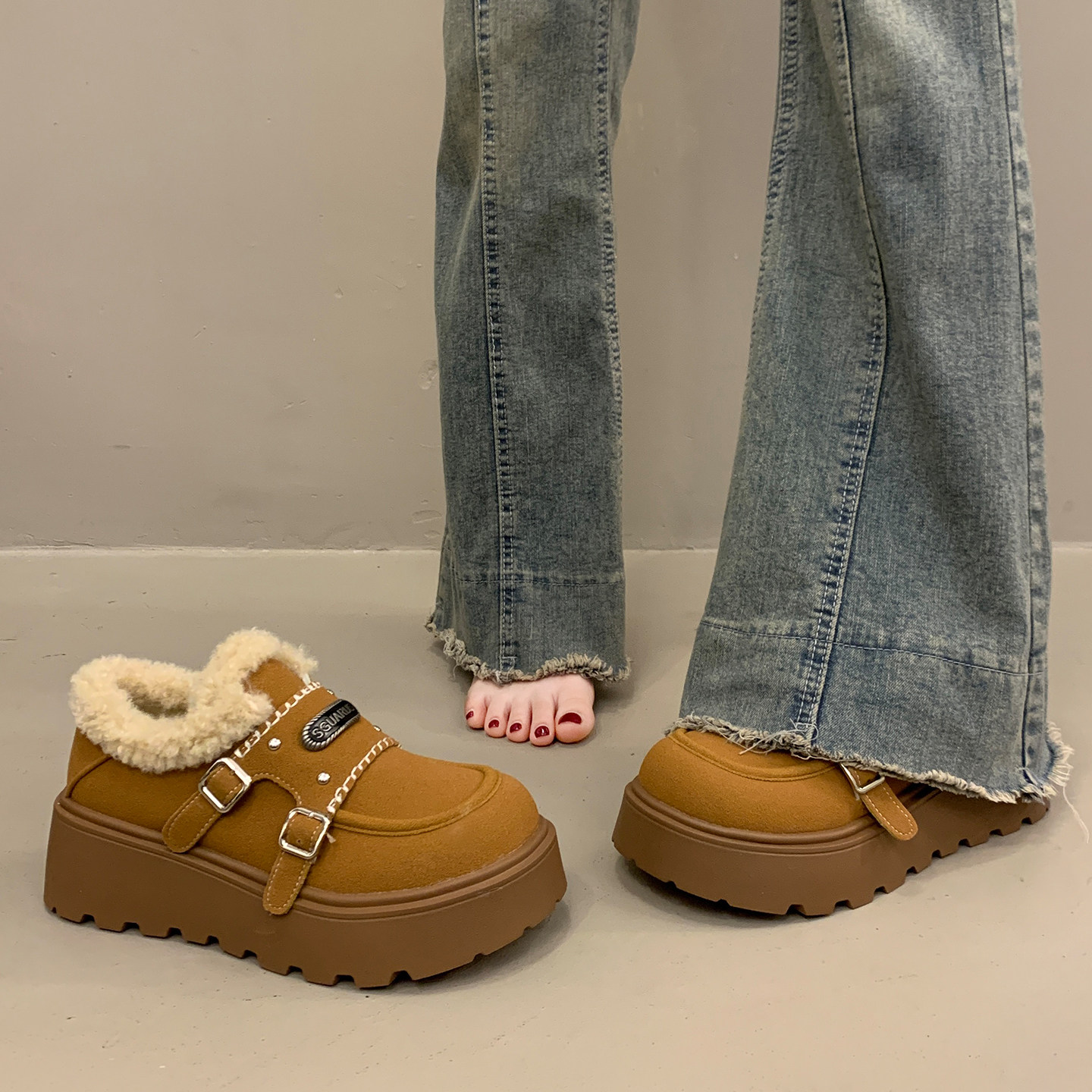 绝美加绒厚底松糕深口单鞋女冬季2025新款勃肯鞋保暖毛毛雪地棉鞋,淘宝优惠券,粉丝福利购,淘宝优惠卷
