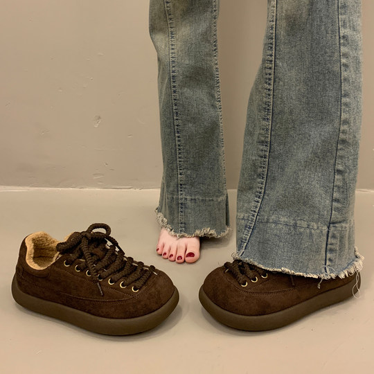 爆款厚底加绒板鞋女秋冬季百搭二棉鞋2025新款德训运动休闲面包鞋