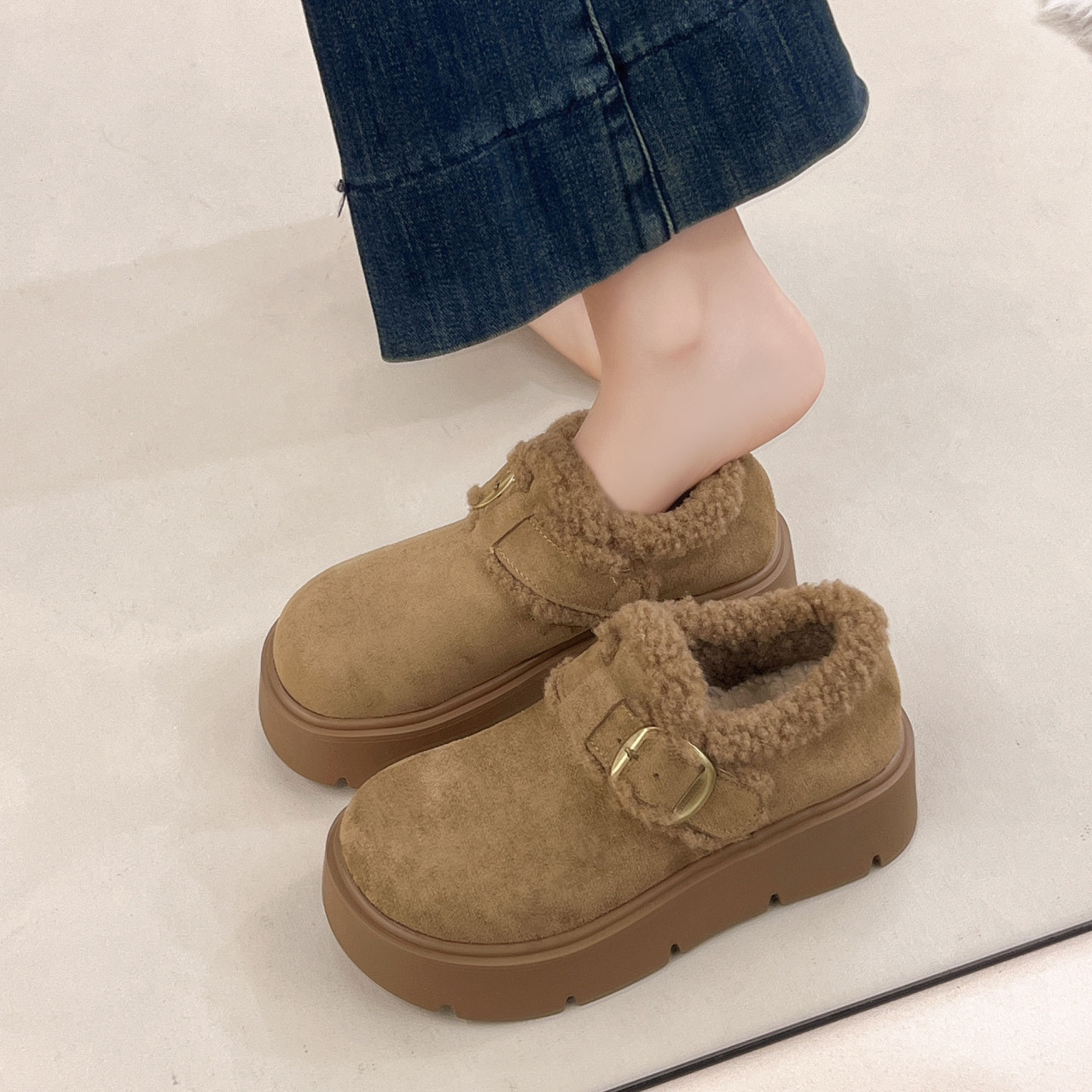 加绒松糕厚底深口单鞋女增高勃肯鞋毛绒2025新款冬季玛丽珍毛毛鞋,淘宝优惠券,粉丝福利购,淘宝优惠卷