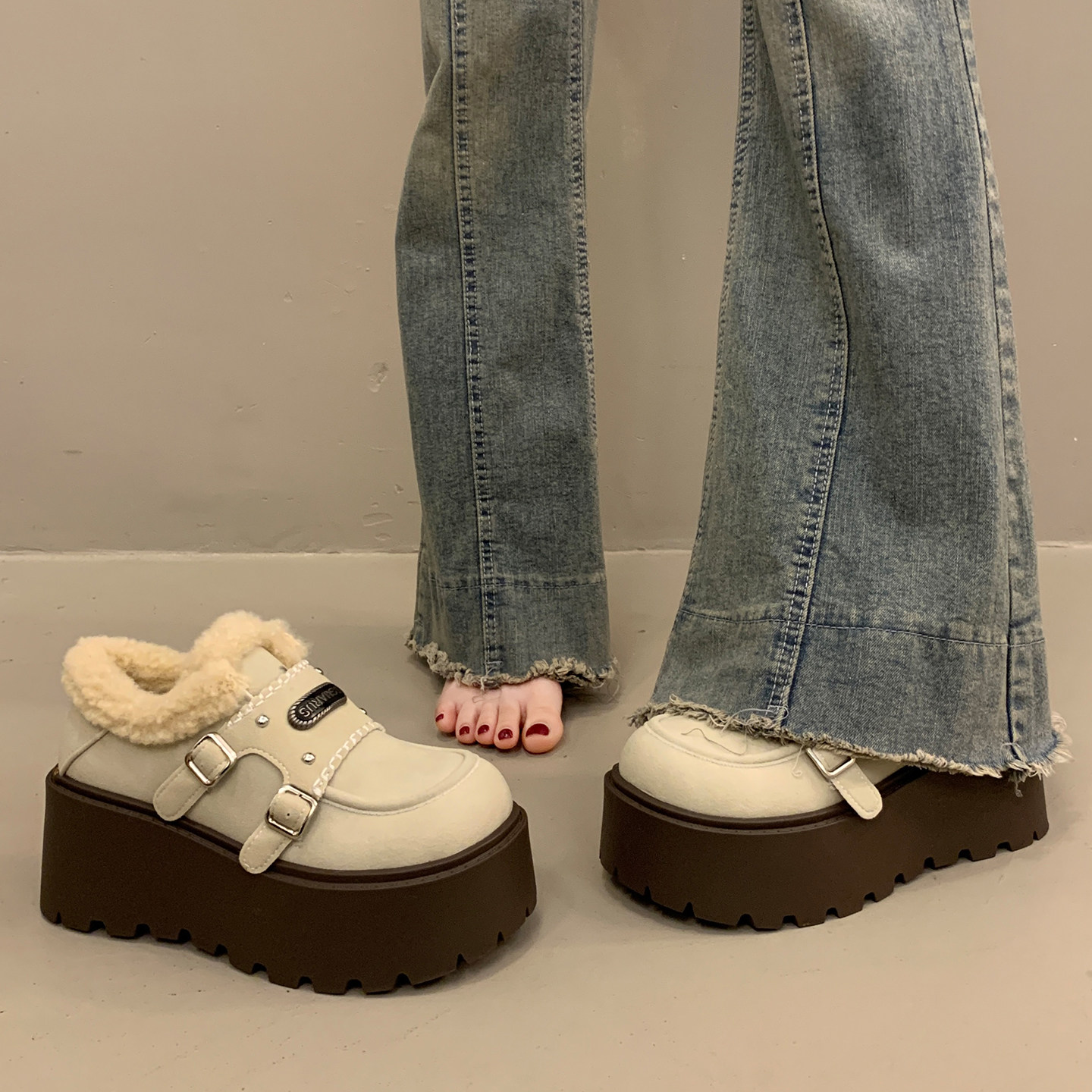 加绒厚底松糕深口单鞋女增高勃肯鞋2025新款超火秋冬玛丽珍毛毛鞋,淘宝优惠券,粉丝福利购,淘宝优惠卷