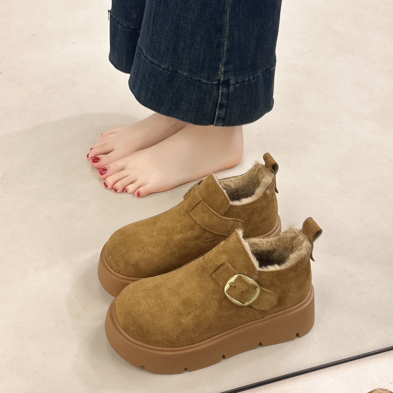 法式气质加绒厚底深口单鞋女秋冬2025新款复古勃肯鞋一脚蹬松糕鞋,淘宝优惠券,粉丝福利购,淘宝优惠卷