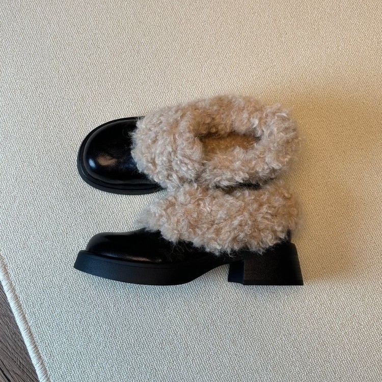 粗跟高跟鞋加绒英伦风小皮鞋女2025新款冬季雪地靴毛毛棉鞋乐福鞋 - 图0