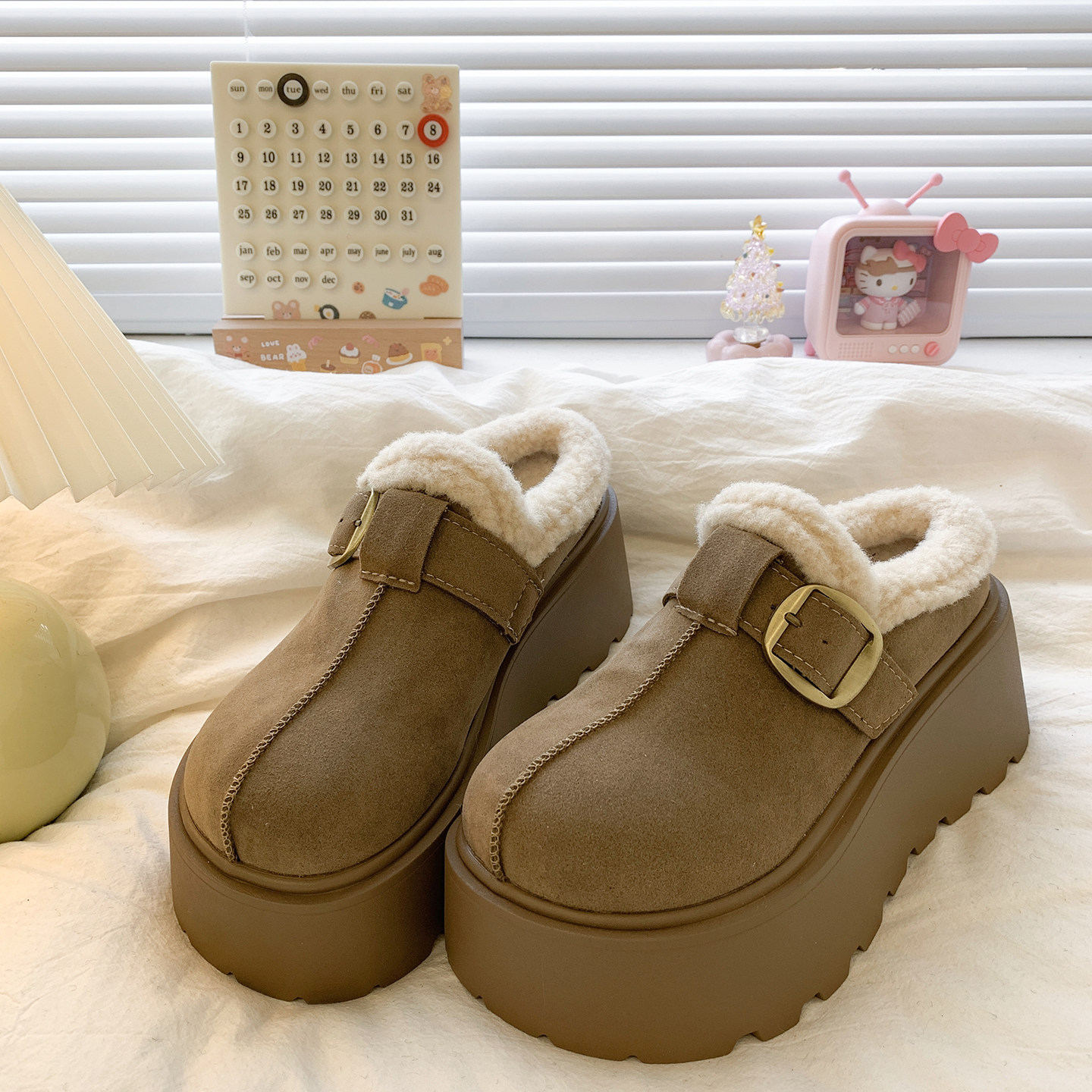 厚底增高复古勃肯鞋包头毛毛半拖鞋女冬季外穿2025新款加绒棉拖鞋,淘宝优惠券,粉丝福利购,淘宝优惠卷