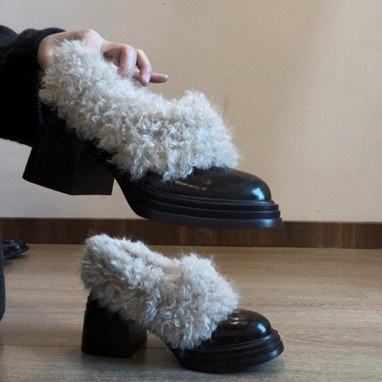 法式加绒高跟毛毛鞋女冬季新款一脚蹬圆头乐福鞋粗跟玛丽珍小皮鞋,淘宝优惠券,粉丝福利购,淘宝优惠卷