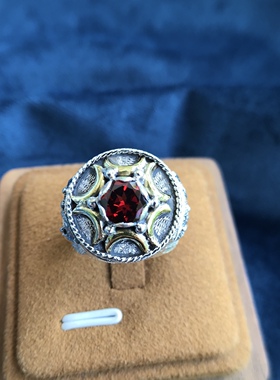 复古宫廷风陨石纹925银月光石蓝托帕石橄榄石黄水晶欧泊珍珠戒指