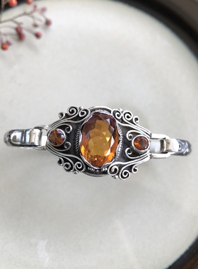 凉玥 尼泊尔手工精工红宝石欧泊橄榄石碧玺石榴石绿松925纯银手镯