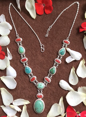 凉玥尼泊尔手工天然原矿绿松石天然原矿巴洛克珍珠琥珀925银项链