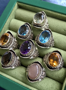 凉玥尼泊尔手工复古紫水晶黄水晶蓝托帕粉月光黑星宝石925银戒指