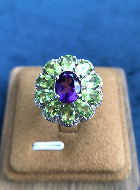 凉玥印度尼泊尔手工精工设计复古宫廷风橄榄石葡萄石925纯银戒指