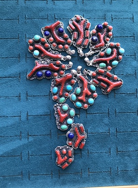 凉玥 尼泊尔手工复古藏式民族风绿松石青金石多宝925纯银吊坠戒指