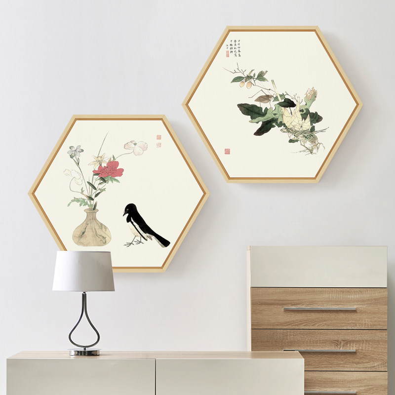 得趣在人汪中工笔花鸟装饰画中式客厅挂画餐厅墙上壁画六边形_虎窝淘