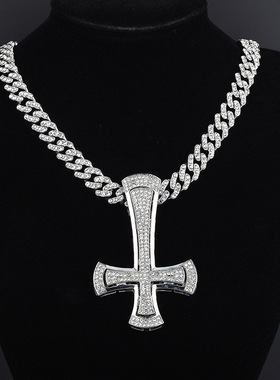 原创设计嘻哈镶钻倒十字架项链